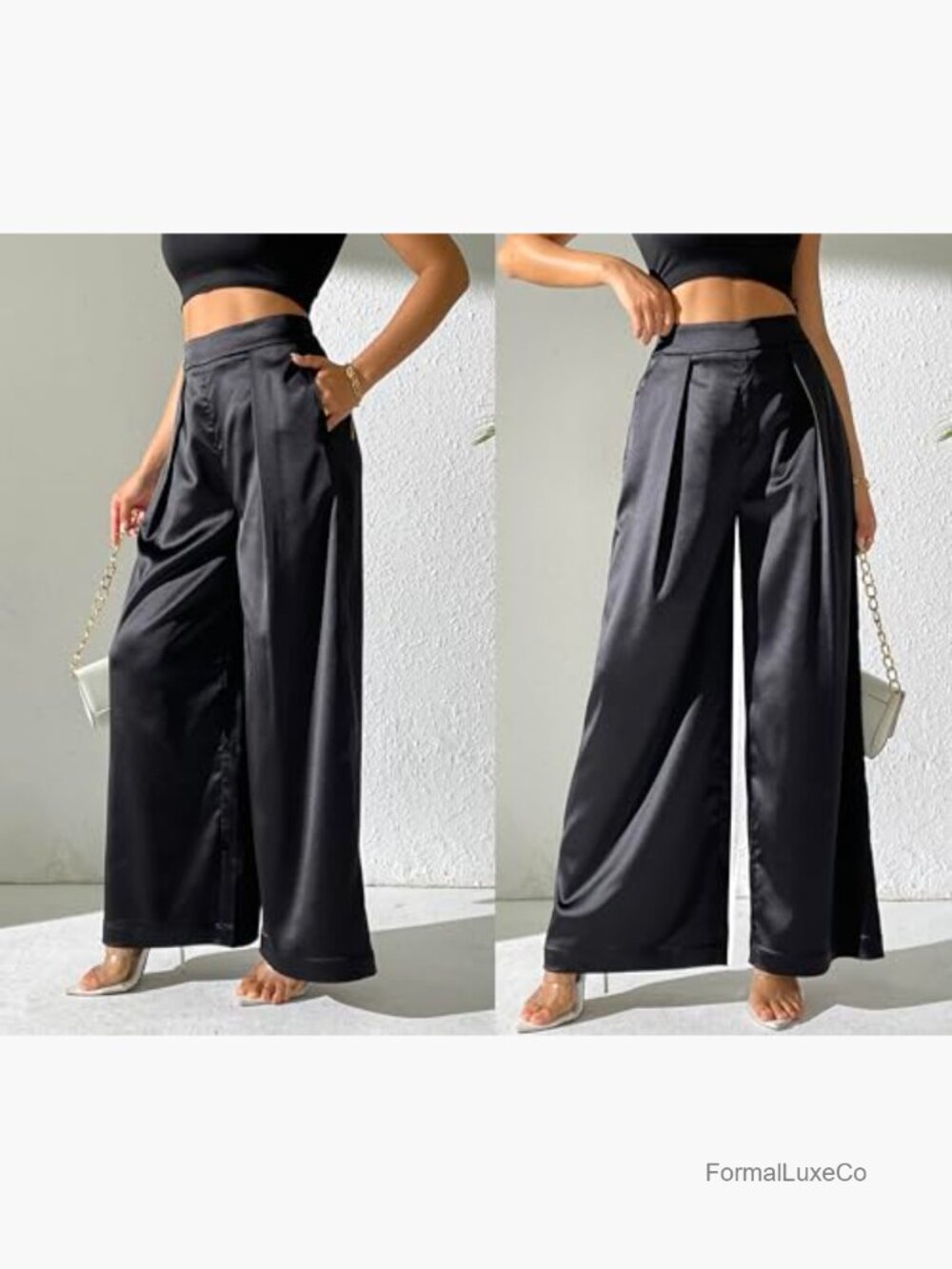 Satin Wide Leg Palazzo Pants High Waist Pull On Trousers - Picture 2 of 7